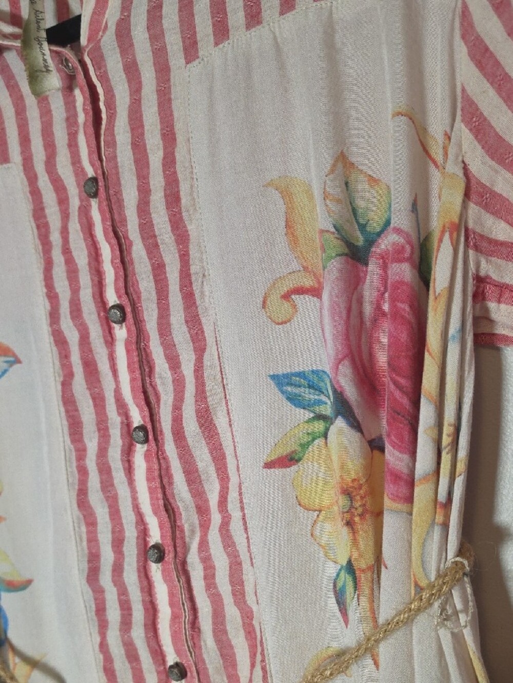 Aratta Silent Journey Striped Button-Down Shirt in Pink & Cream Floral - Picture 3 of 8